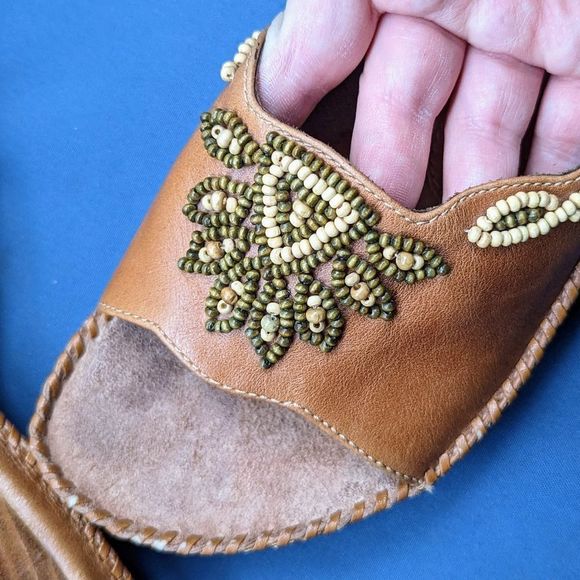 Clarks Artisan Beaded Leather Slip On Wedge 2.5in Heel Sandals Empress Tan Boho - Picture 3 of 13